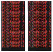 Electronic scoreboards (side displays) showing the name of 14 players on the 2 teams